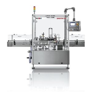 automatic labelling machine / for self-adhesive labels / for bottles / linear array
