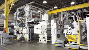 flat-film extrusion line / for stretch film / multilayer / for PVC