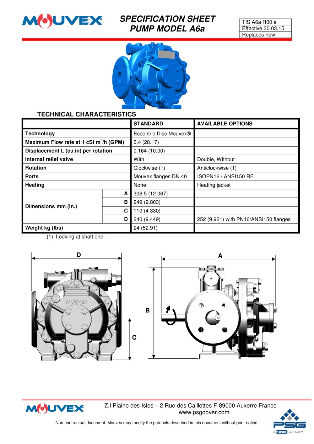 specification sheet pump model a6a mouvex pdf catalogue specification sheet