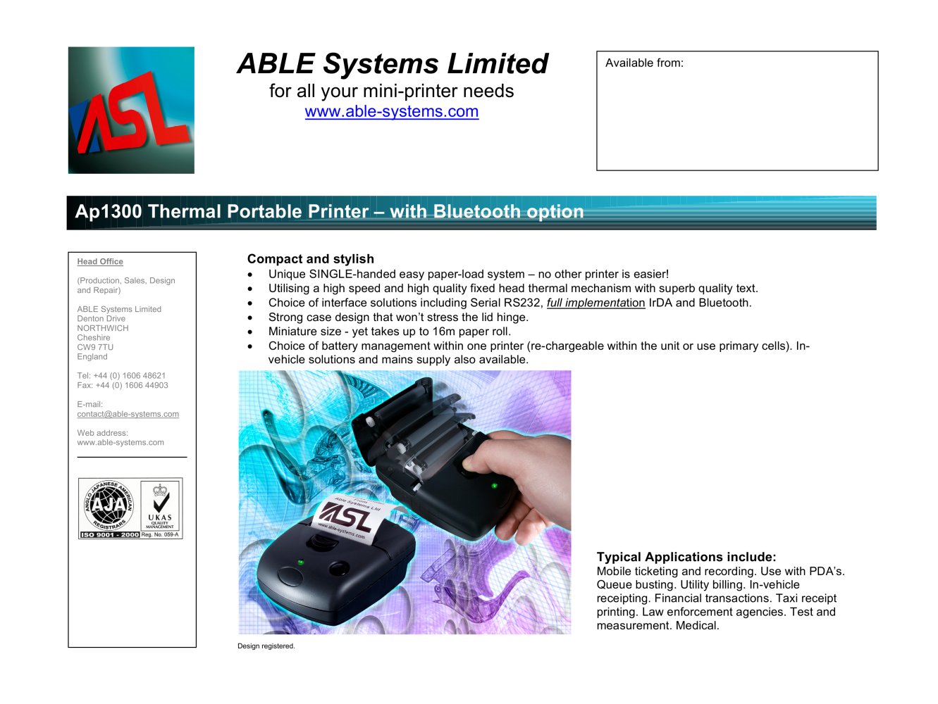 AP1300 Portable Mini printer with Bluetooth option. - ABLE Systems