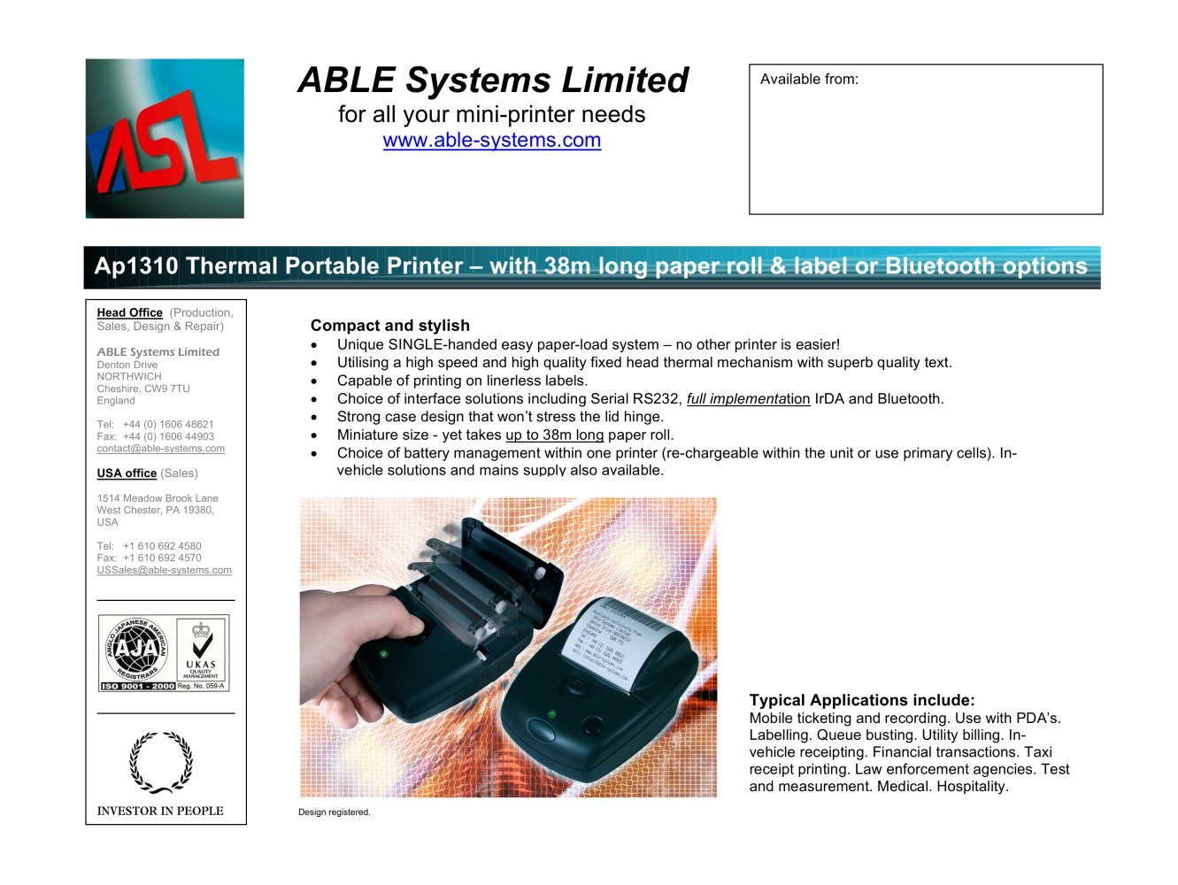 AP1310 Portable Thermal Printer with Bluetooth options - ABLE Systems