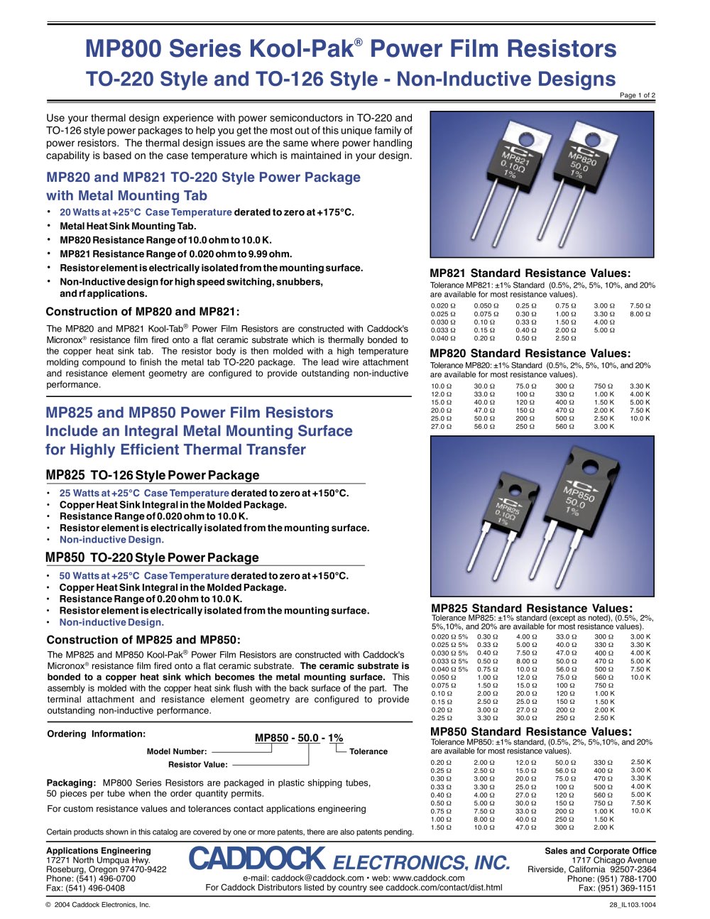 Caddock Electronics - 5627, 40435, 206252, 14110