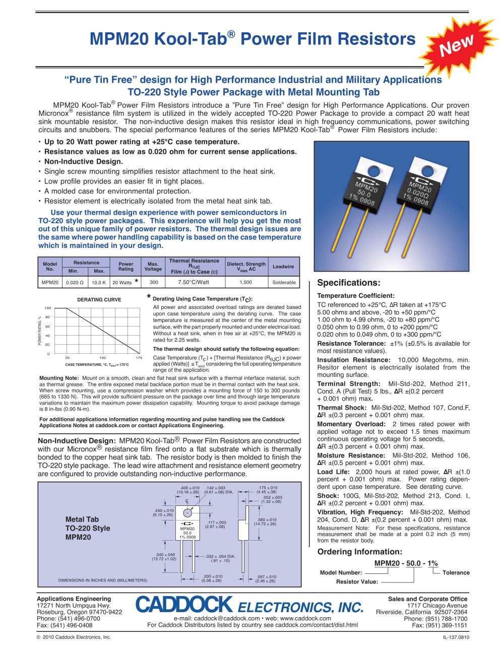 MPM20 TO-220 Metal Tab Power Film Resistors with "Pure Tin Free" Design - Caddock Electronics