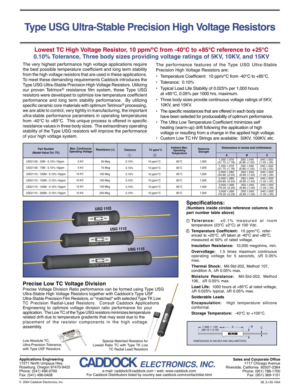 Type USG Ultra-Stable Low TC Precision High Voltage Resistors - Caddock Electronics