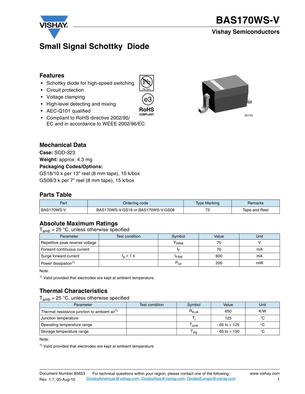 Diodes - Small-signal Schottky diodes BAS170WS-V - VISHAY