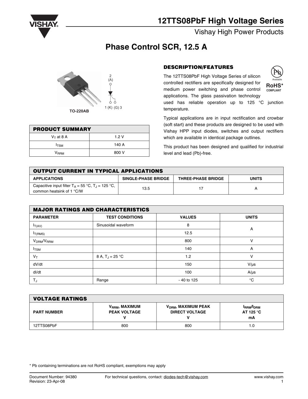 Thyristors - Reverse/direct voltage 600 to 1000 V - VISHAY