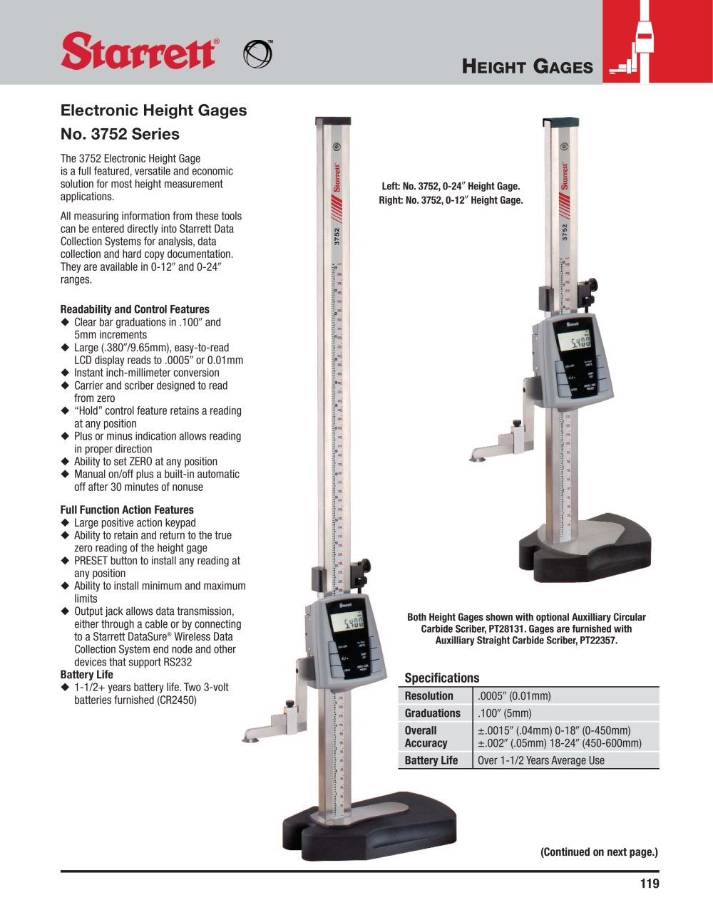 Electronic Height Gages No. 3752 Series - STARRETT