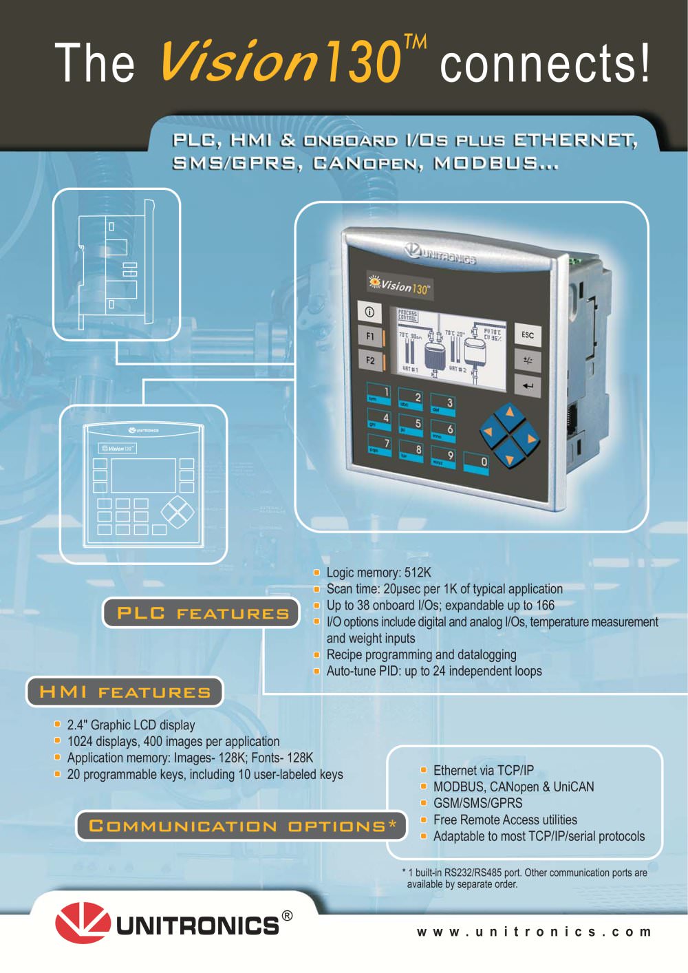 Vision130� Connects! PLC, HMI & onboard I/Os plus ETHERNET, SMS/GPRS, CANopen, MODBUS... - Unitronics