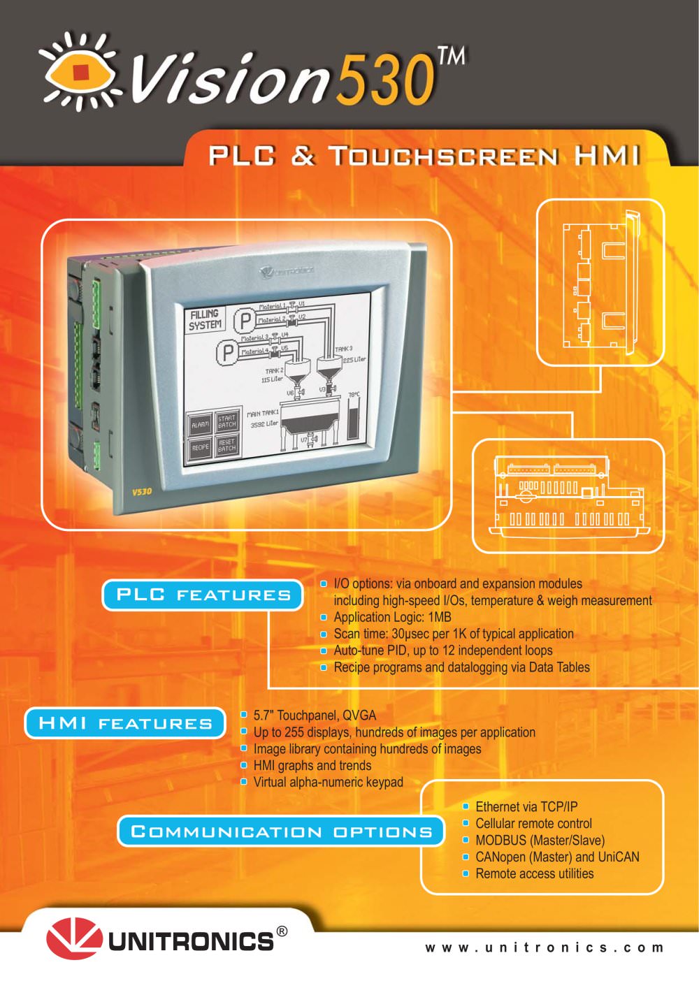 Vision530� : PLC with Touchscreen Graphic HMI & Snap-in I/O Modules - Unitronics