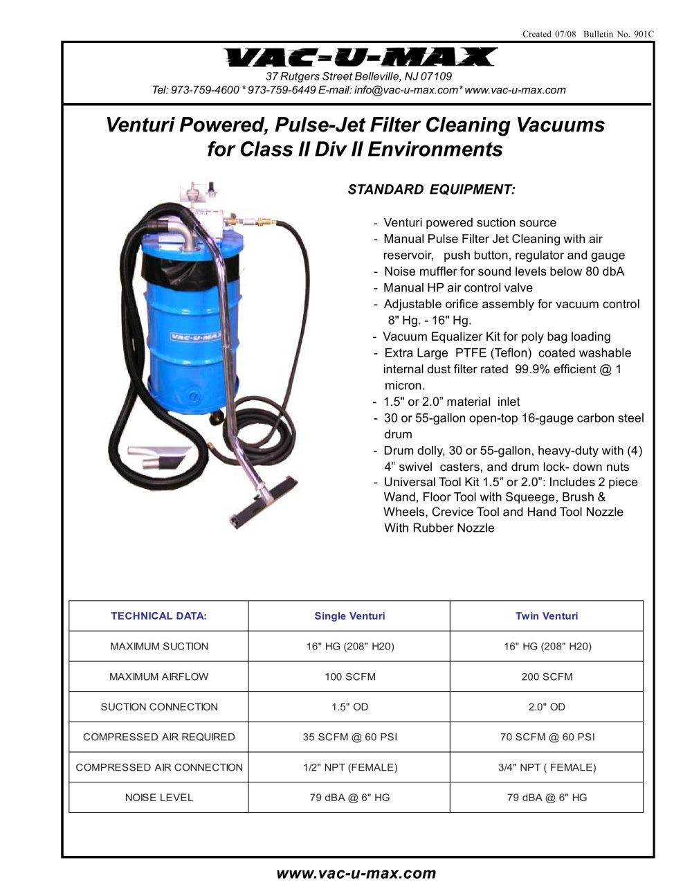 Venturi Powered, Pulse-Jet Filter Cleaning Vacuums for Class II Div II Environments Model 40008, 40012, and 40013 - VAC-U-MAX