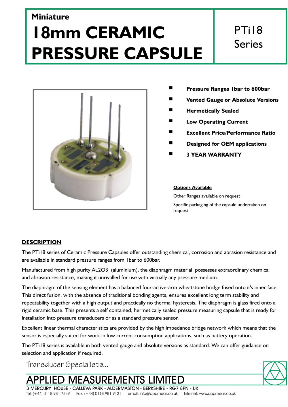 Ceramic Pressure Sensor Capsule - Applied Measurements