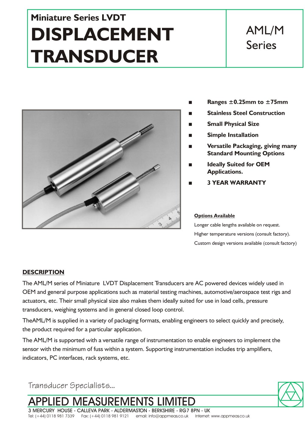 Miniature LVDT  AML/M - Applied Measurements