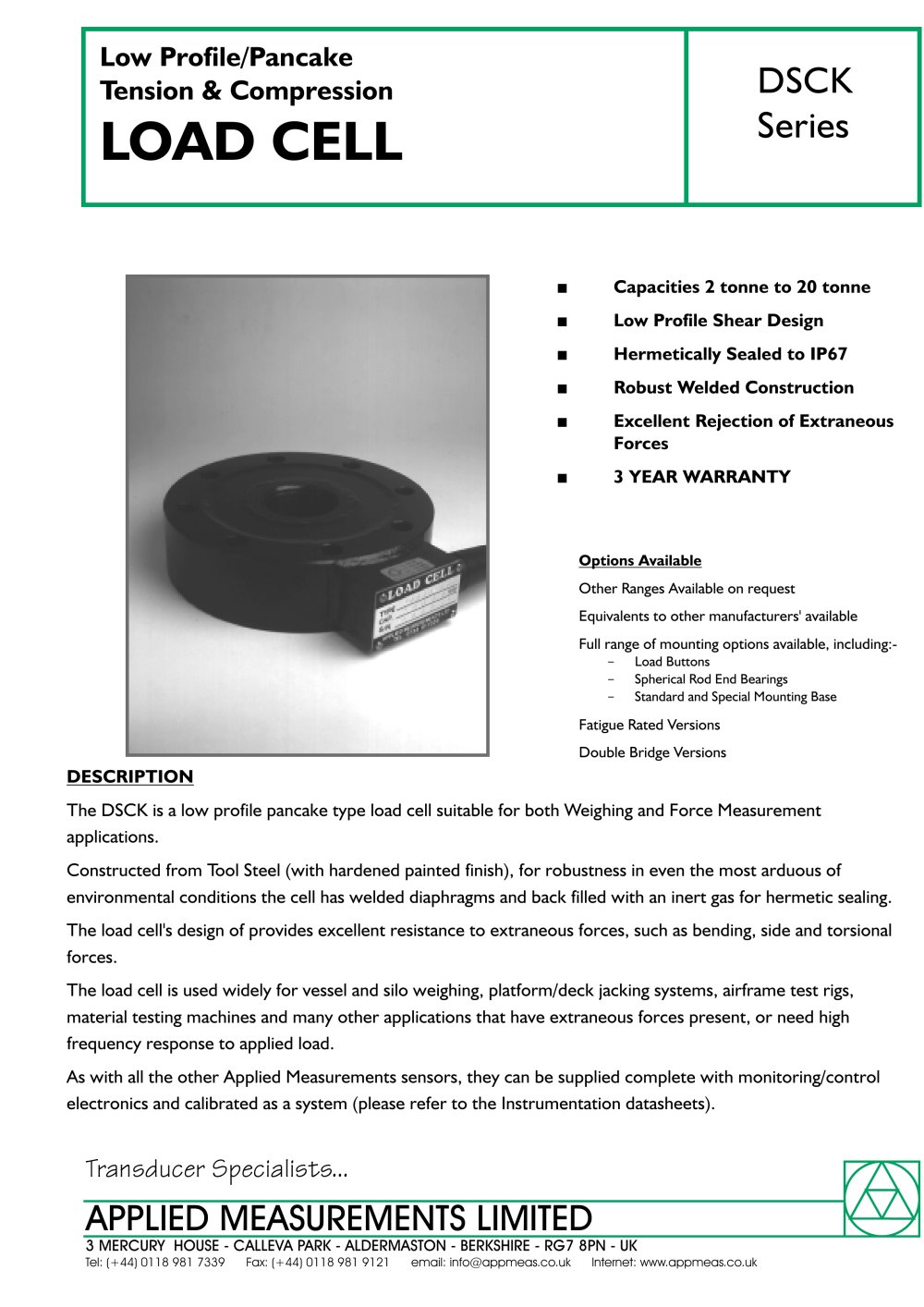 Pancake/Low Profile Load Cell Bi-directional - Applied Measurements