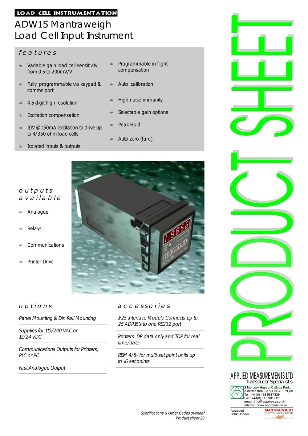 Panel Mounted Indicator - Strain Gauge Input  ADW15 - Applied Measurements