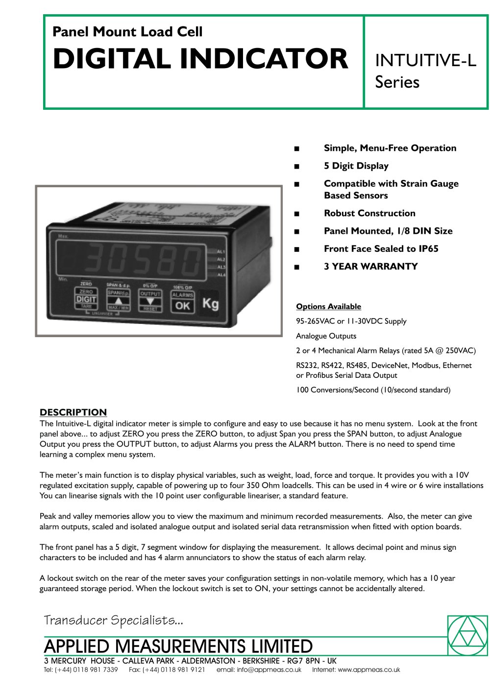 Panel Mounted Indicator - Strain Gauge Input  Intuitive-L - Applied Measurements