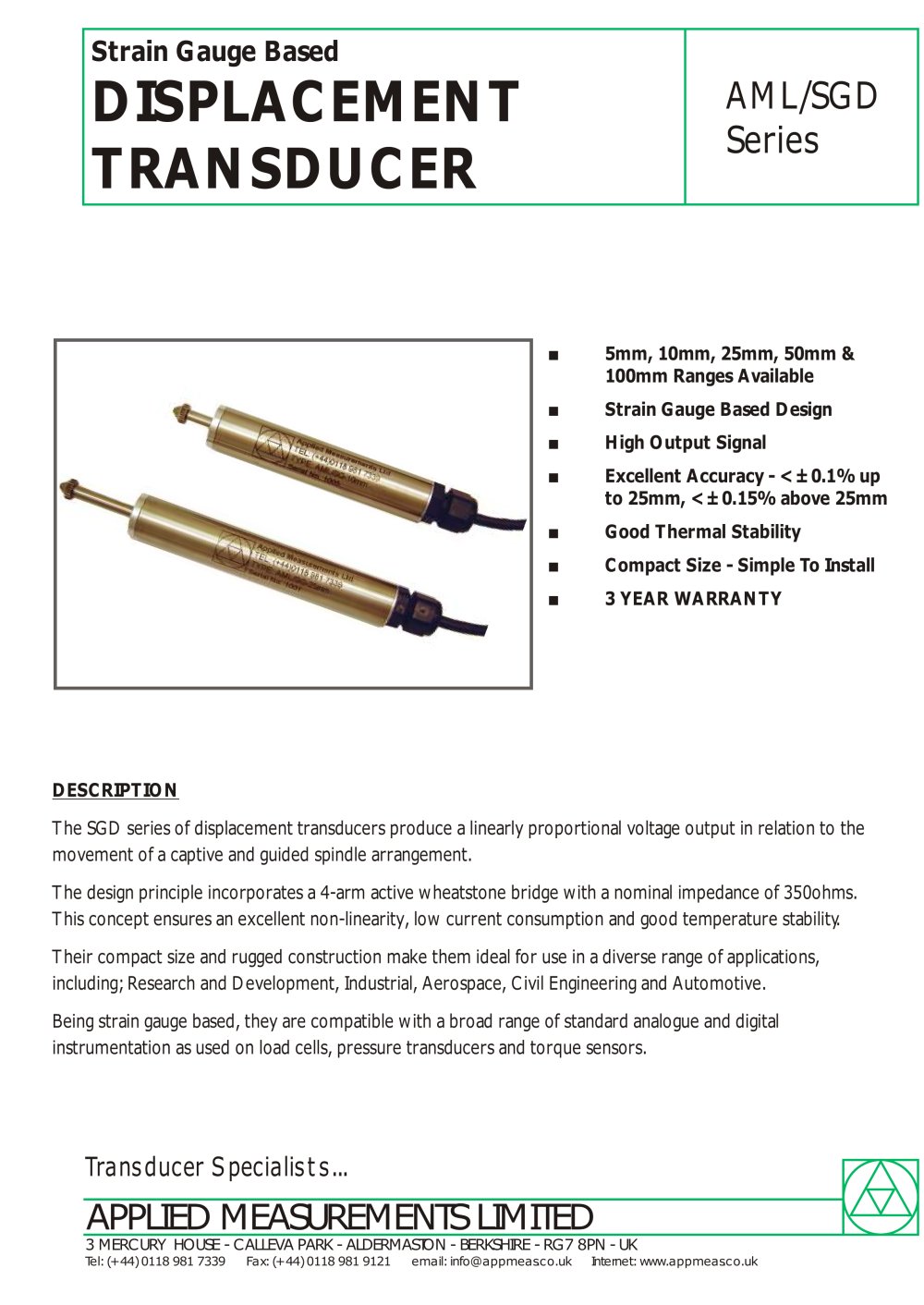 Strain Gauge Displacement Transducer  AML/SGD - Applied Measurements