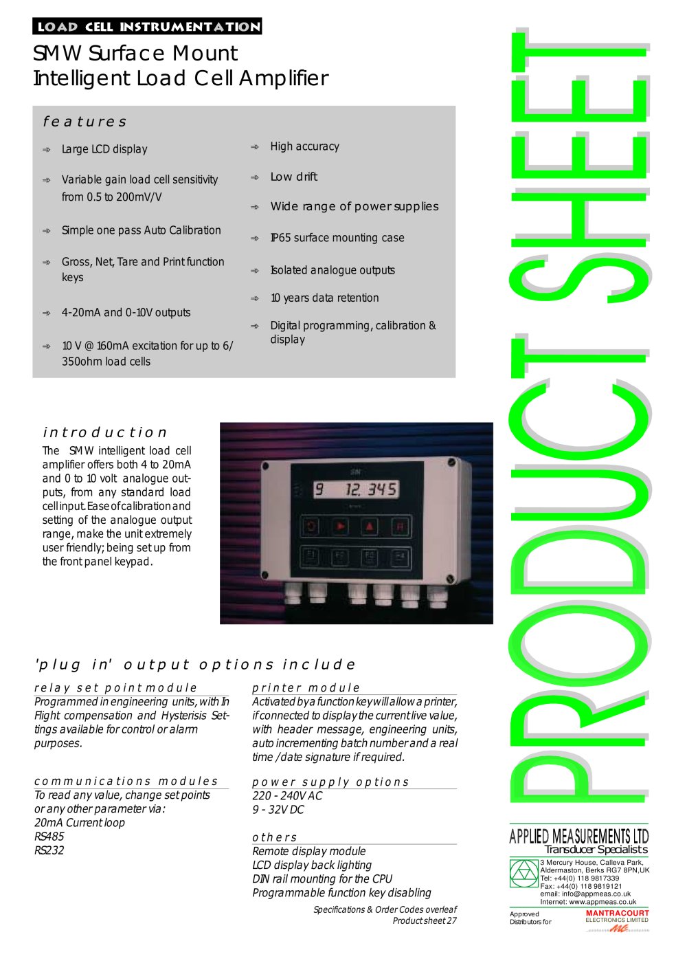 Wall Mounted Indicator - Strain Gauge Input  SMW - Applied Measurements