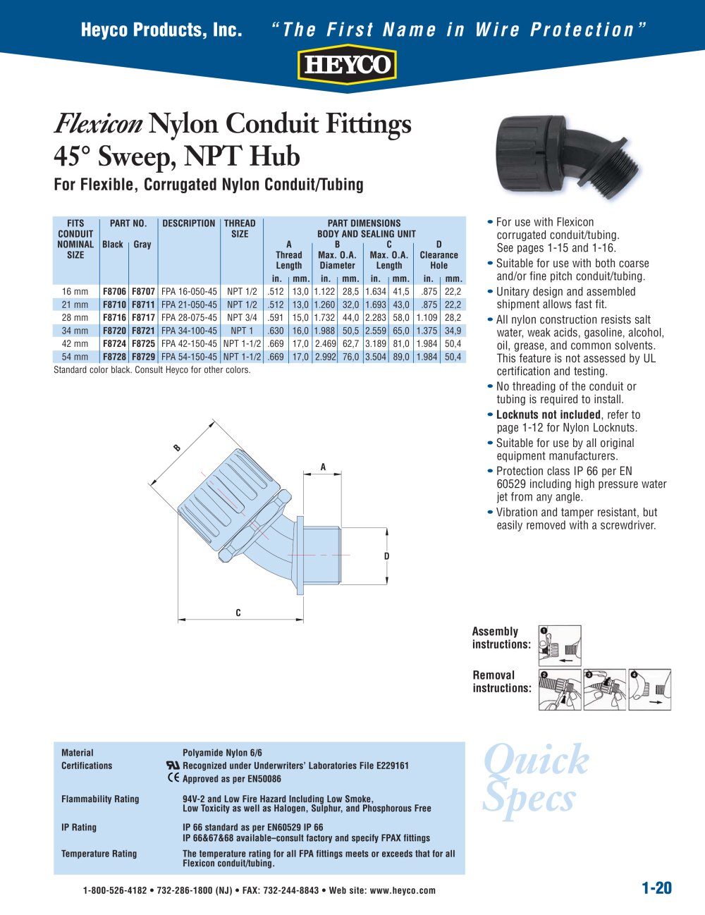 Flexicon Nylon Conduit Fittings 45&deg; Sweep, NPT Hub - Heyco