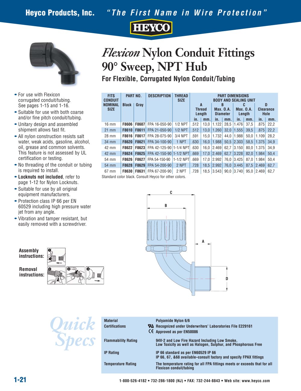 Flexicon Nylon Conduit Fittings 90&deg; Sweep, NPT Hub - Heyco