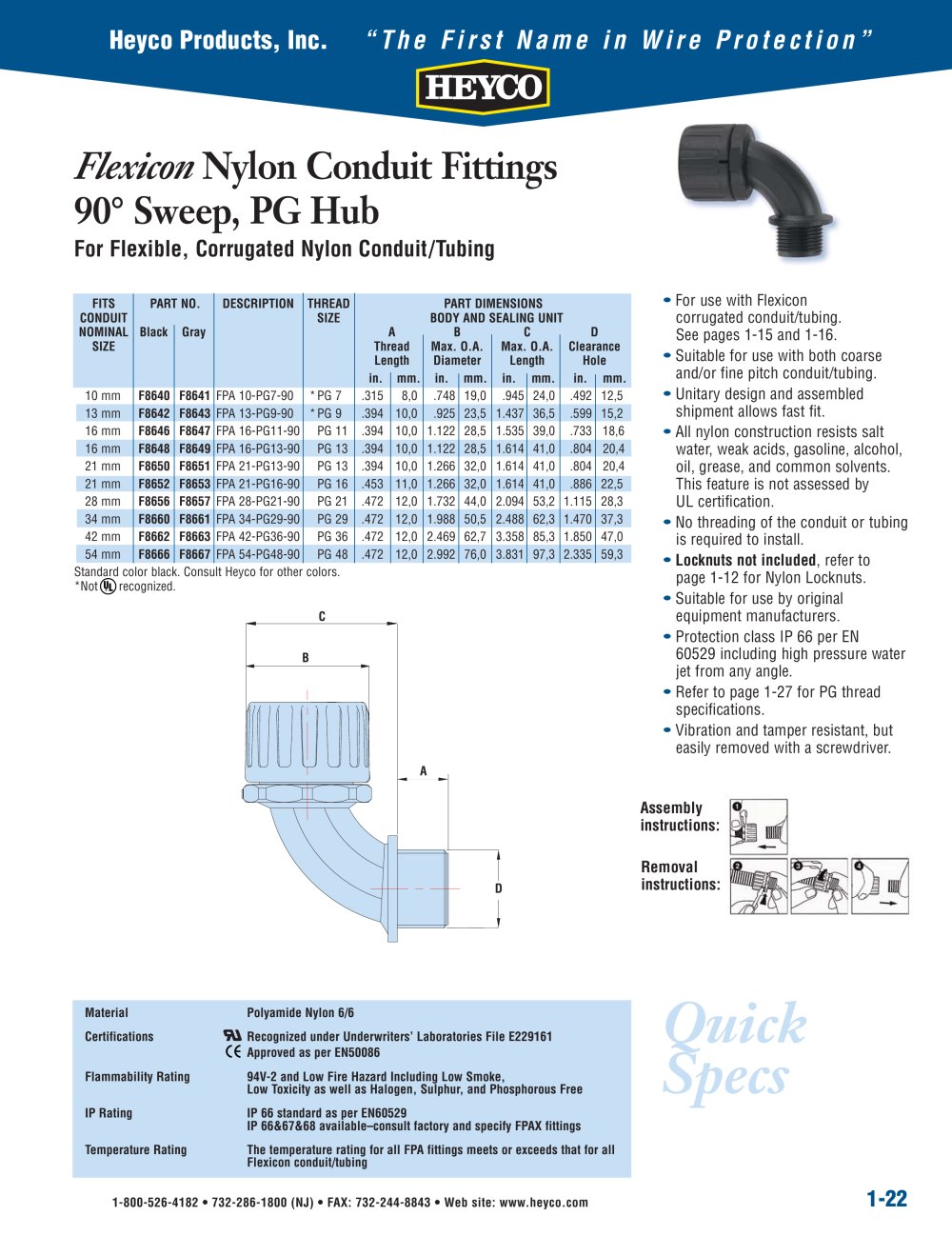 Flexicon Nylon Conduit Fittings 90&deg; Sweep, PG Hub - Heyco