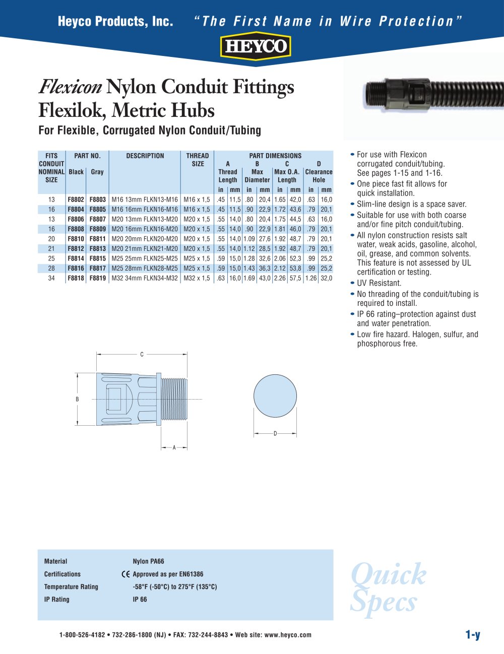 Flexicon Nylon Conduit Fittings Flexilok, Metric Hubs - Heyco