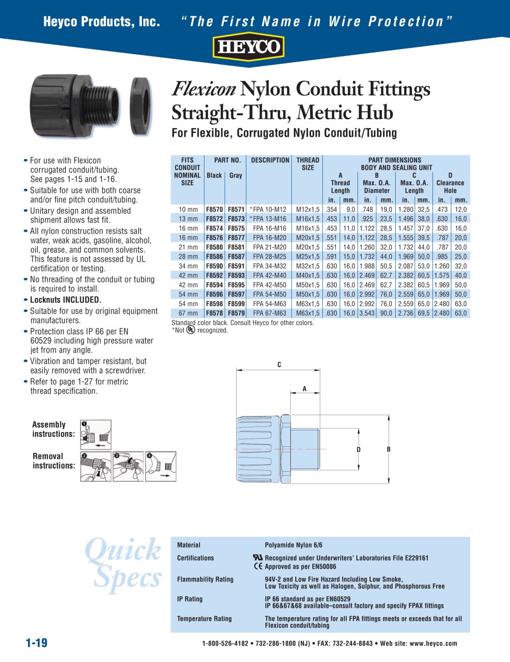 Flexicon Nylon Conduit Fittings Straight-Thru, Metric Hub - Heyco