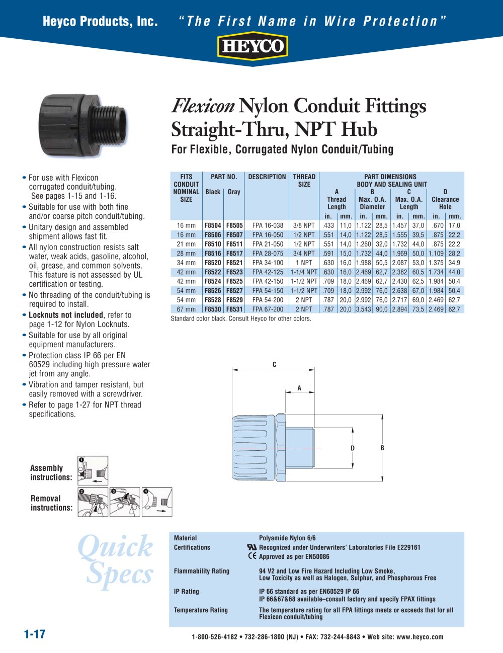 Flexicon Nylon Conduit Fittings Straight-Thru, NPT Hub - Heyco