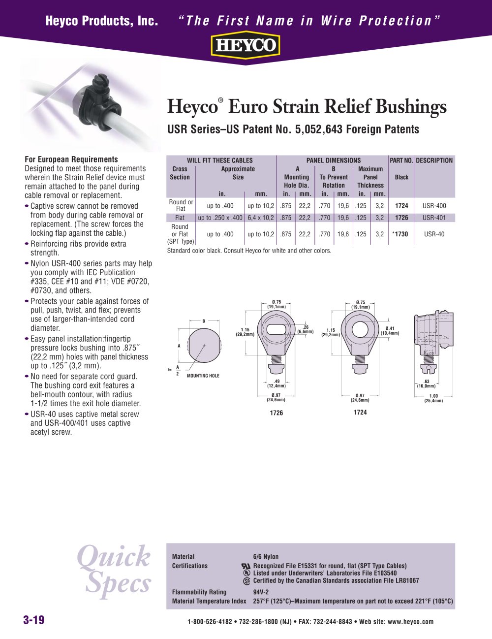 Heyco&reg; Euro Strain Relief Bushings  USR Series�US Patent No. 5,052,643 Foreign Patents - Heyco