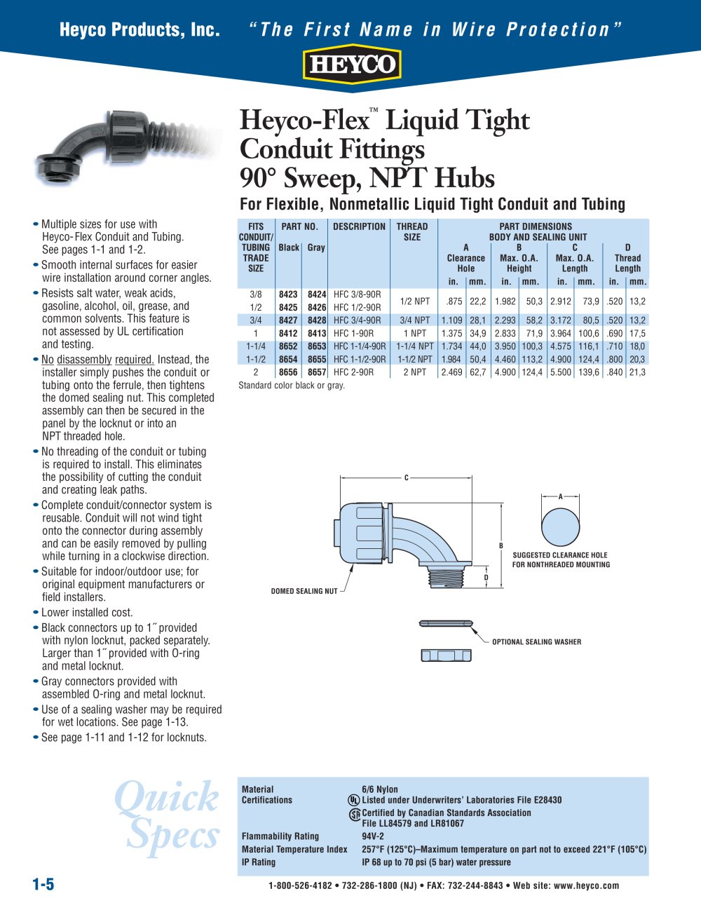 Heyco-Flex� Liquid Tight Conduit Fittings 90&deg; Sweep, NPT Hubs - Heyco