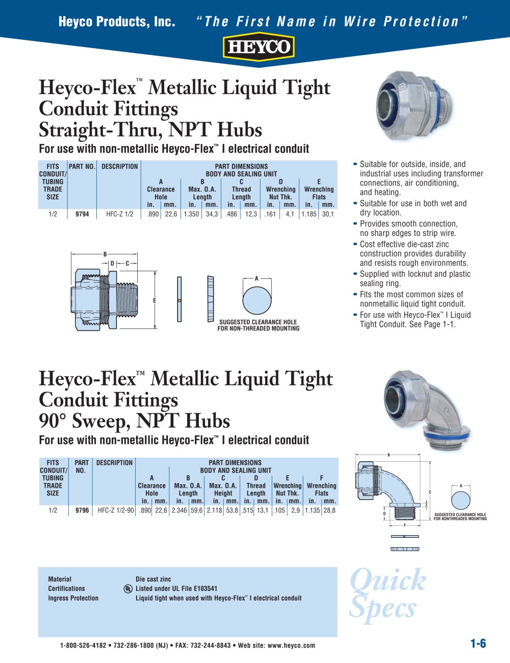 Heyco-Flex� Metallic Liquid Tight Conduit Fittings Straight-Thru, NPT Hubs - Heyco