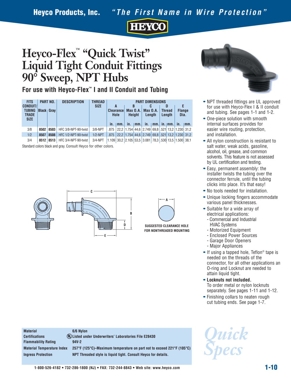 Heyco-Flex� �Quick Twist� Liquid Tight Conduit Fittings 90&deg; Sweep, NPT Hubs - Heyco