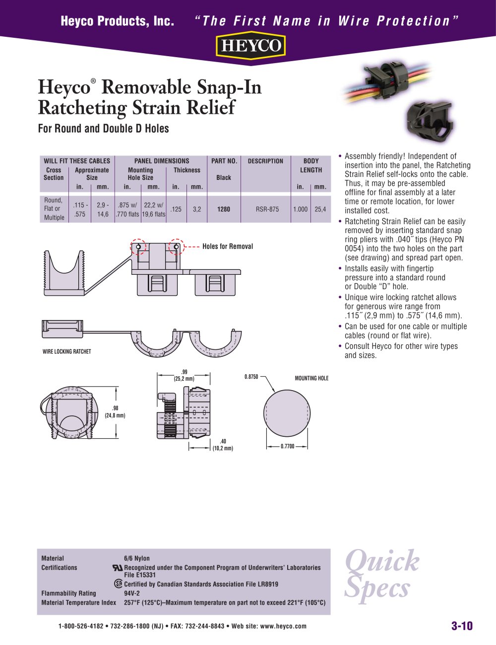 Heyco&reg; Removable Snap-In Ratcheting Strain Relief For Round and Double D Holes - Heyco