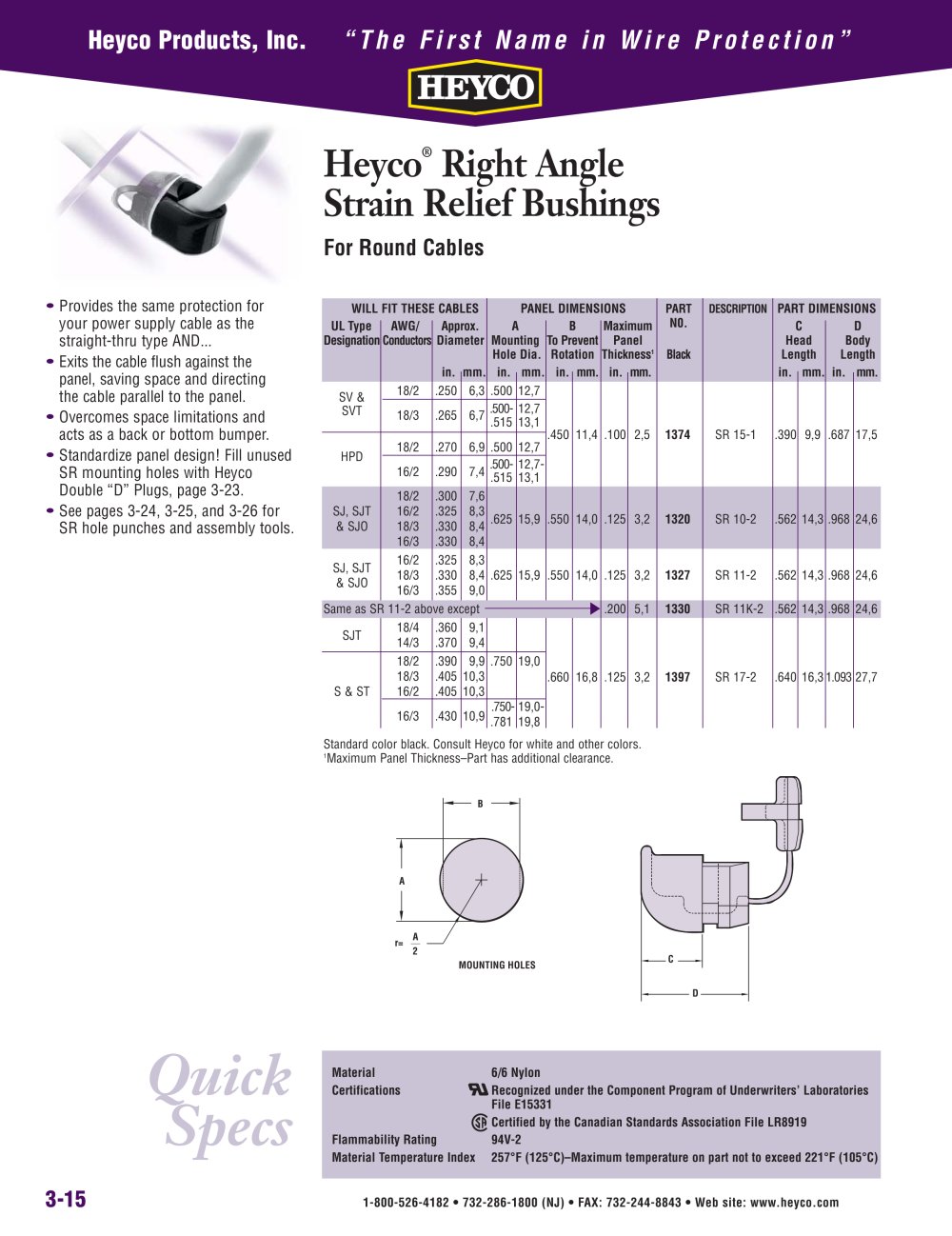 Heyco&reg; Right Angle Strain Relief Bushings For Round Cables - Heyco