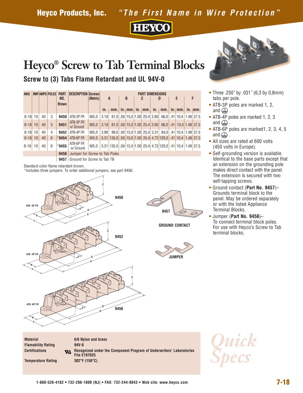 Heyco&reg; Screw to Tab Terminal Blocks Screw to (3) Tabs Flame Retardant and UL 94V-0 - Heyco