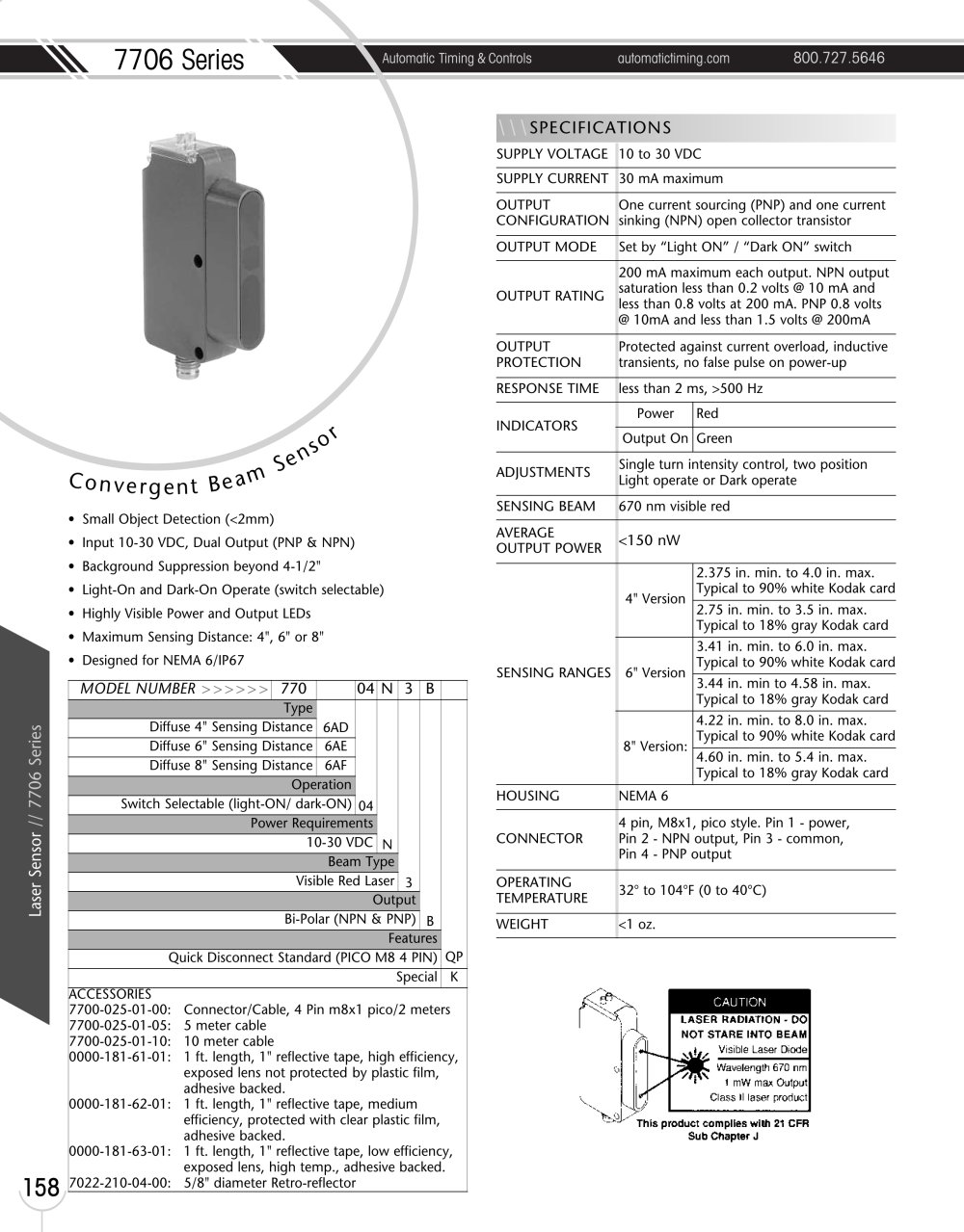 Marsh Bellofram Automatic Timing & Controls 7706 Series Convergent Beam Laser Sensor - Marsh Bellofram
