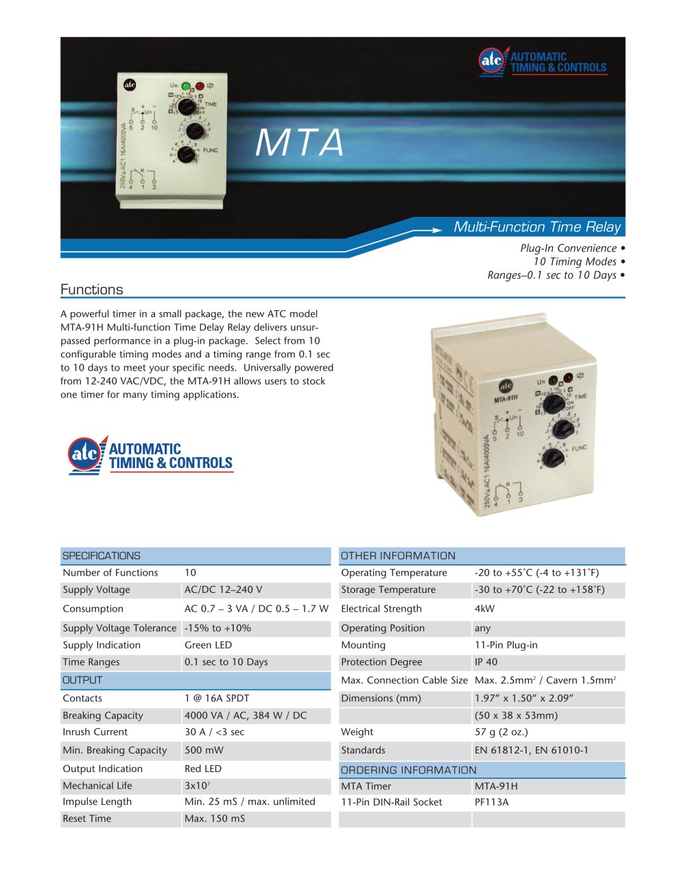 Marsh Bellofram Automatic Timing & Controls Division MTA-91H Series Multi-function Time Delay Relay - Marsh Bellofram
