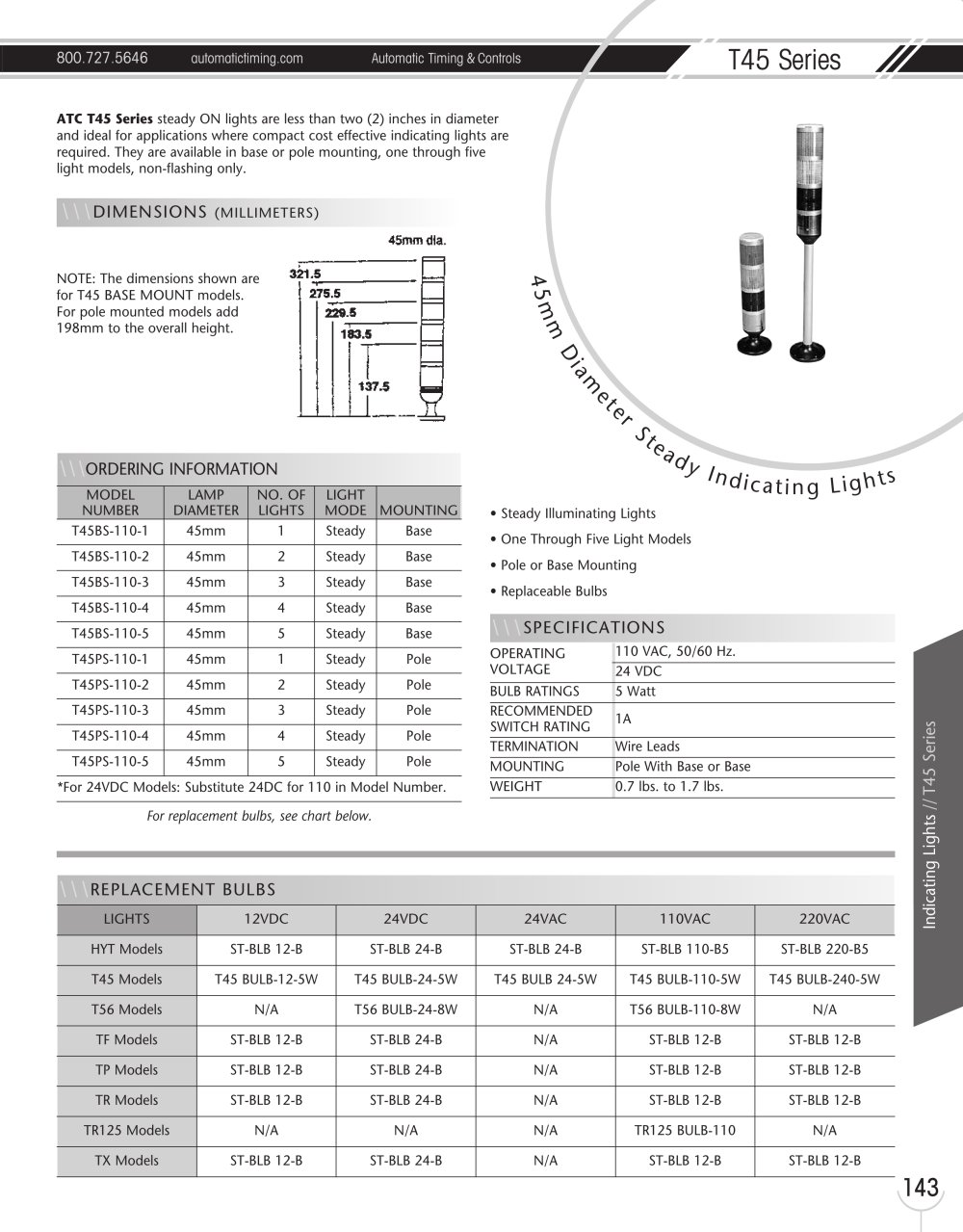 Marsh Bellofram Automatic Timing & Controls T45 Series 45mm Diameter Steady Indicating Lights - Marsh Bellofram