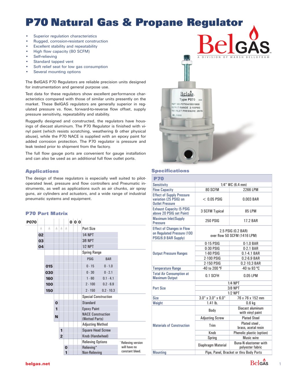 Marsh Bellofram BelGAS Division P70 Series Natural Gas & Propane Regulator - Marsh Bellofram