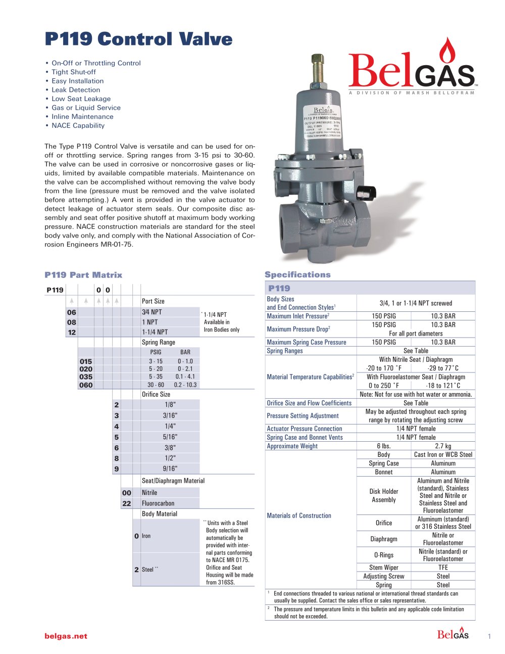 Marsh Bellofram BelGAS Division Type P119 Control Valve - Marsh Bellofram