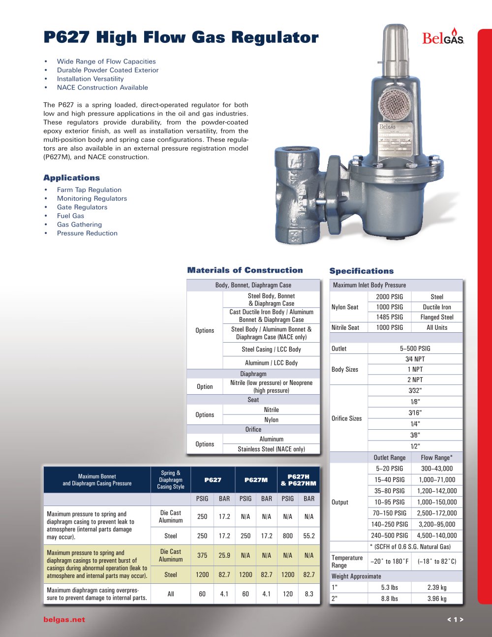 Marsh Bellofram BelGAS Division Type P627 High Flow Gas Regulator - Marsh Bellofram