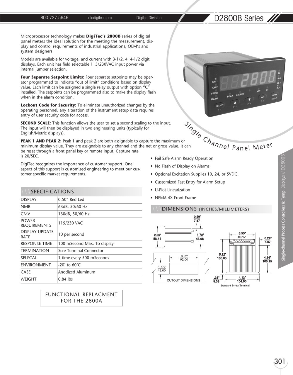 Marsh Bellofram DigiTec Division D2800B Series Single Channel Panel Meter - Marsh Bellofram