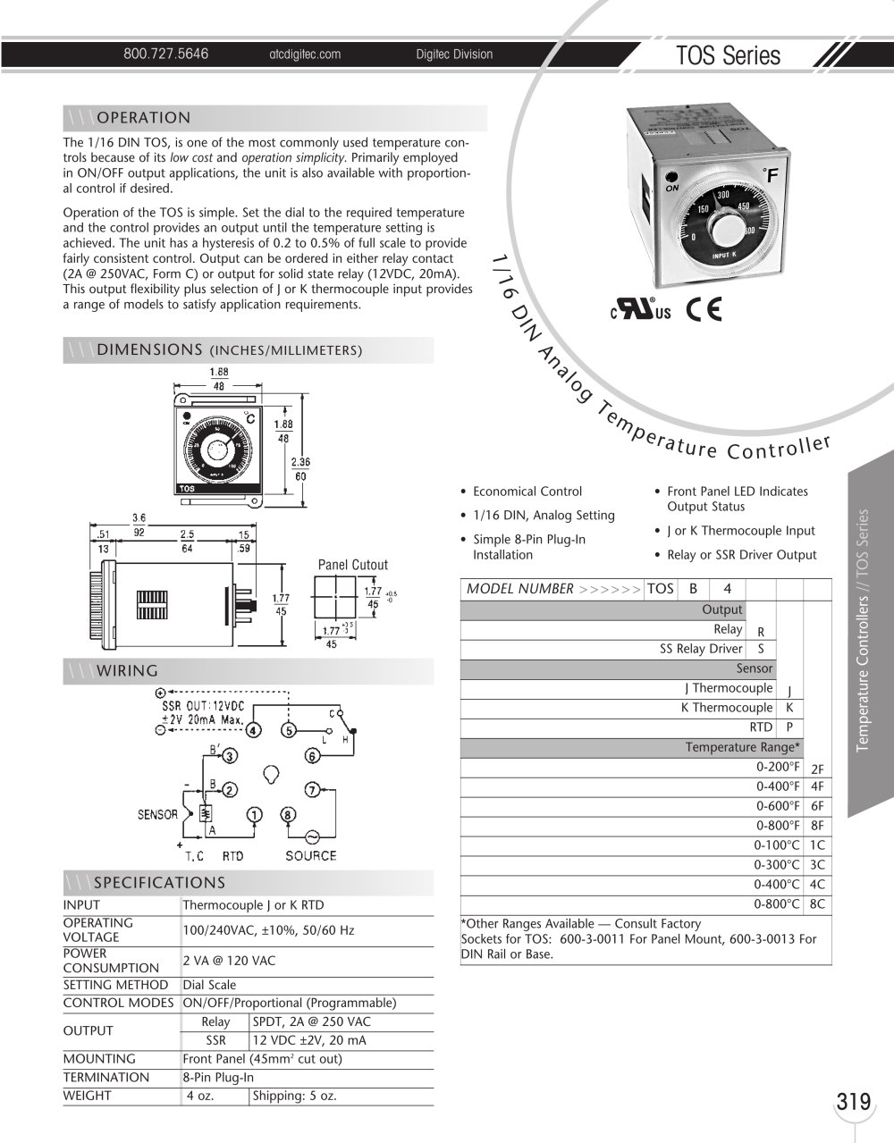 Marsh Bellofram DigiTec Division TOS Series 1/16 DIN Analog Temperature Controller - Marsh Bellofram