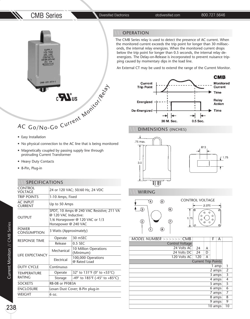 Marsh Bellofram Diversified Electronics Division CMB Series AC Self-Powered Go/No-Go Current Monitor/Relay - Marsh Bellofram