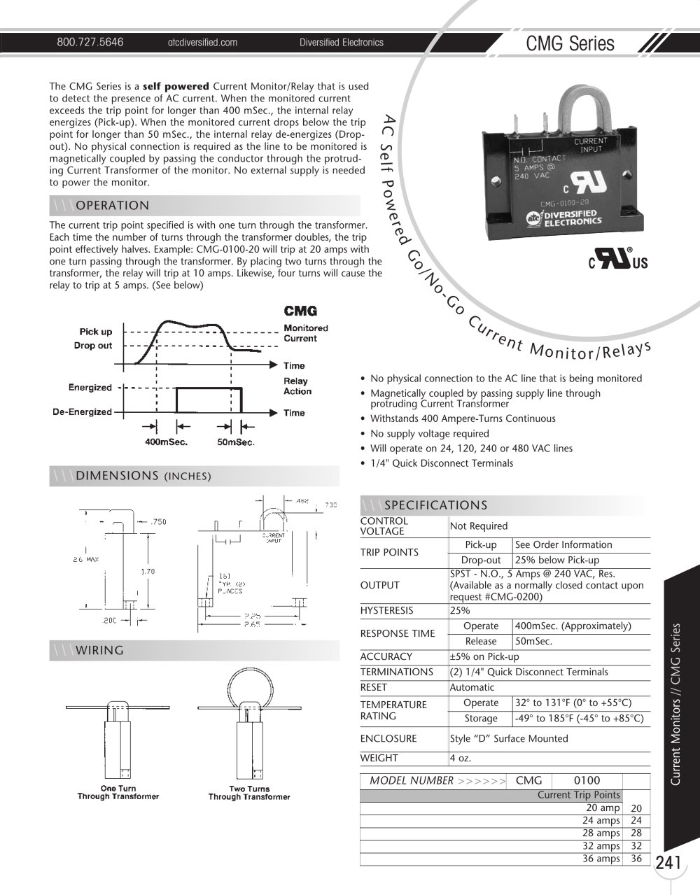 Marsh Bellofram Diversified Electronics Division CMG Series AC Self-Powered Go/No-Go Current Monitor/Relays - Marsh Bellofram