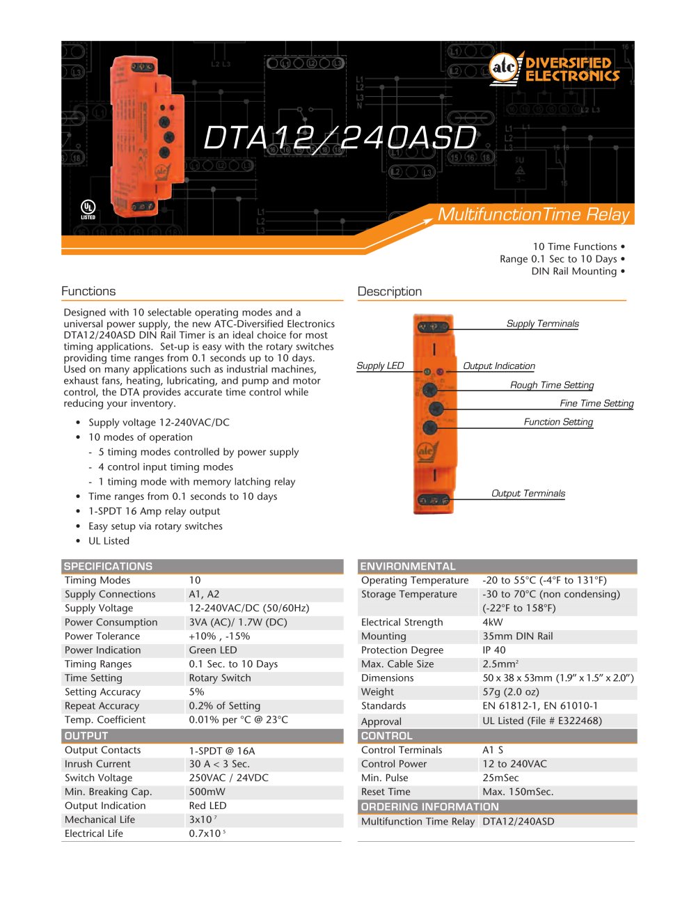 Marsh Bellofram Diversified Electronics Division DTA12/240ASD Series Multi-Function DIN Rail Time Relay - Marsh Bellofram