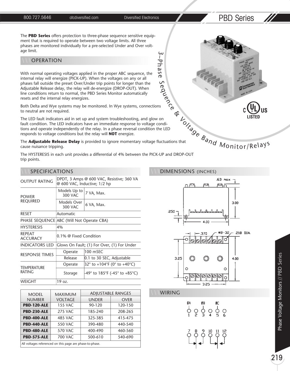 Marsh Bellofram Diversified Electronics Division PBD Series 3-Phase Sequence & Voltage Band Monitor/Relays - Marsh Bellofram