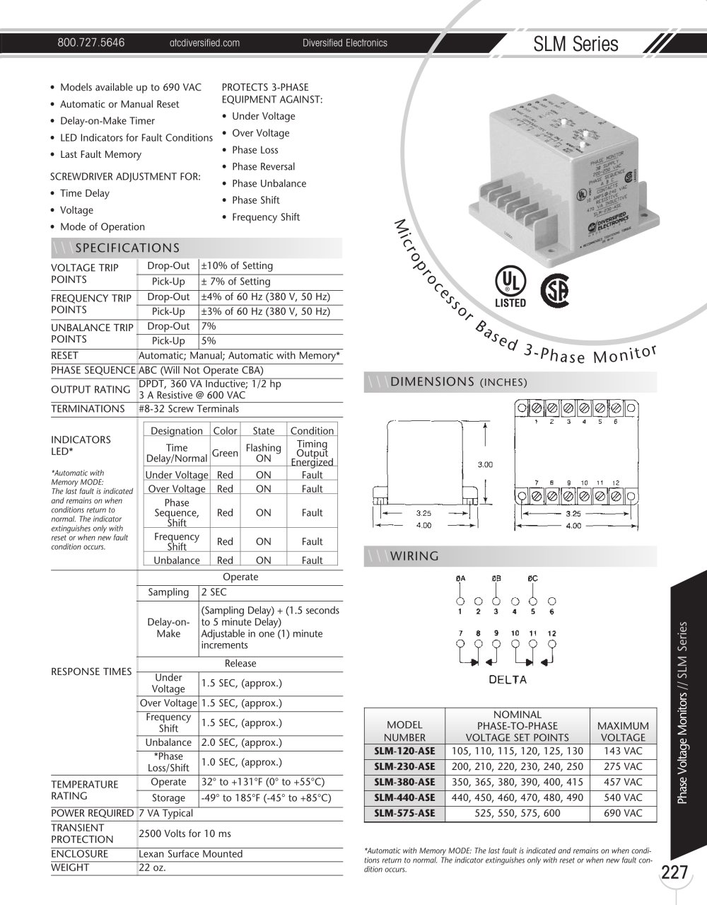Marsh Bellofram Diversified Electronics Division SLM-Series Microprocessor Based 3-Phase Monitor - Marsh Bellofram