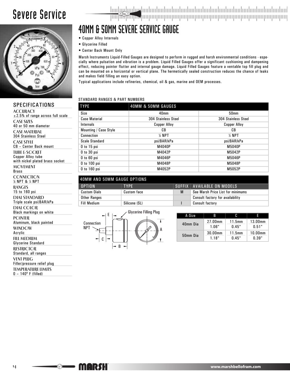 Marsh Bellofram - Marsh Division - 40MM & 50MM Severe Service Gauges - Marsh Bellofram