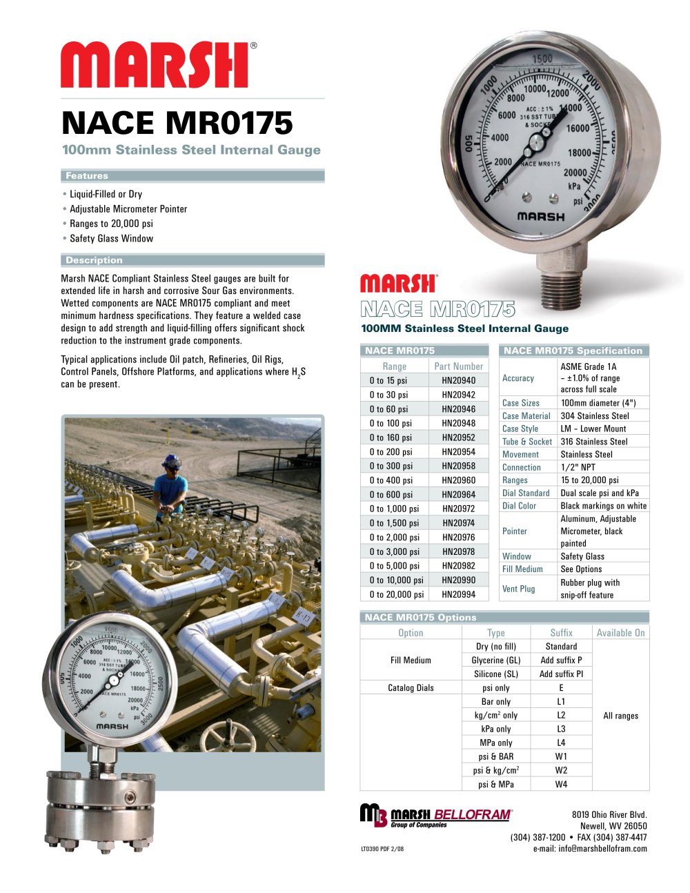 Marsh Bellofram - Marsh Division - NACE MR0175 100mm Stainless Steel Internal Gauge - Marsh Bellofram