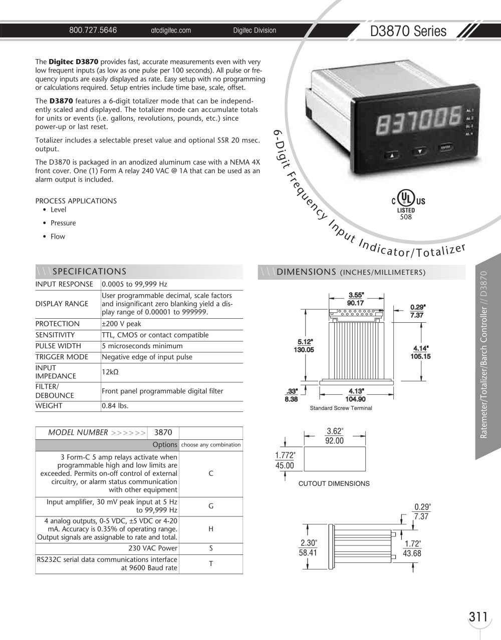 Marsh Bellofram PCD Division Digitec D3870 Series 6-Digit Frequency Input Indicator/Totalizer - Marsh Bellofram